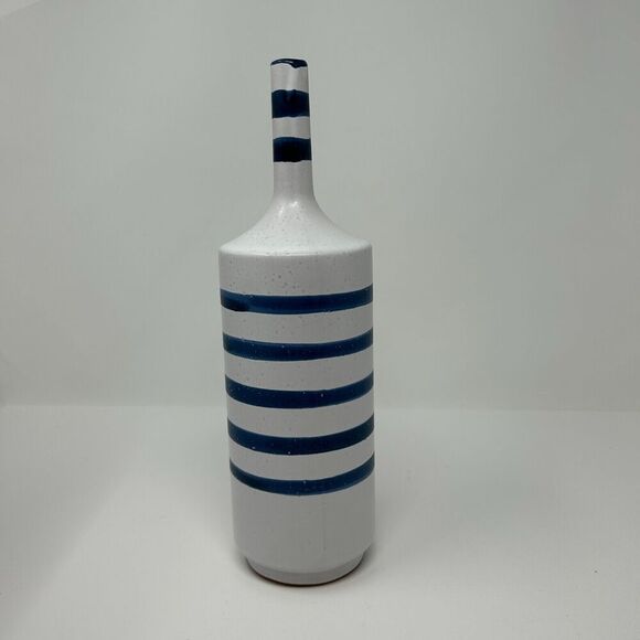 Crate and Barrel Terra Cotta Vase Blue Striped Gray Nautical Decor Hand Painted - Picture 3 of 14